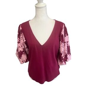 Anthro Dolan Left Coast Collection Women V-Neck Puff Lace Sleeve Top Sz XL Boho